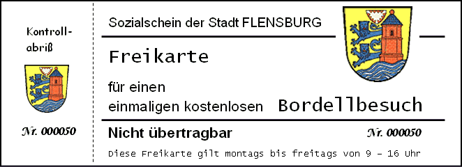 Bild Bordellgutschein (Freikarte) mit Wappen als Sozialschein der Stadt Flensburg