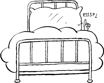 Bett mit Kissen und Bettdecke und Hand