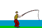 Animation Angler steht auf Gras am Meer und wirft Angel aus