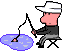 Animation Angler sitzt auf Stuhl vor einem Wasserloch