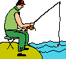 Animation Angler auf Stuhl am Meer mit ausgeworfener Angel