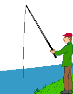 Animation Angler steht im Gras am Wasser und fängt einen Fisch