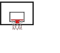 Basketball wird von rechts in roten Korb geworfen der am eckigen Basketballbrett befestigt ist