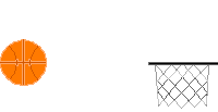 Basketball wird von links geworfen, trifft das Brett, tanzt auf dem Ring und fällt rein