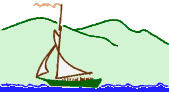 Animation segelndes grünes Segelboot vor Bergkulisse