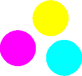Animation 3 teiltransparente Farbkreise gelb pink türkis überlappen sich und mischen die Farben