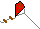 Animierter kleiner roter Drachen mit Schwanz an der Leine fliegend