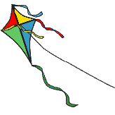 Animation bunter Einleinerdrachen mit 4 Flatterbändern fliegt an der Schnur