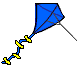 Animation blauer Drachen mit sichtbarem Gestänge mit Schwanz fliegt an der Schnur