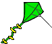 Animation grüner Drachen mit sichtbarem Gestänge mit Schwanz fliegt an der Schnur