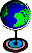 Animation Globus auf Standfuß mit kleiner drehender Erdkugel grüne Landmasse blaue Wasserfläche rechtsdrehend