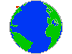 Animation drehende Erdkugel grüne Landmasse blaue Wasserfläche rechtsdrehend wird von Sattelit umkreist