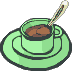 Animierter Löffel rührt Kaffee in grüner Kaffeetasse um