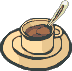 Animierter Löffel rührt Kaffee in gelber Kaffeetasse um
