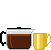 Animierte Glaskanne schenkt Kaffee in gelben Kaffeebecher