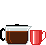 Animierte Glaskanne schenkt Kaffee in roten Kaffeebecher