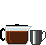 Animierte Glaskanne schenkt Kaffee in grauen Kaffeebecher ein