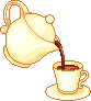 Animation gelbe Porzellankanne schenkt beständig Kaffee in eine gelbe Tasse ein