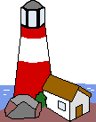 Animation Leuchtturm rot weiß gestreift mit Haus auf braunem Fels am Meer mit animiertem Rundumlicht
