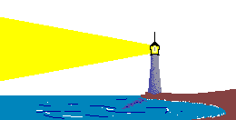 Animation grauer Leuchtturm an Land vor dem Meer mit animiertem weiten Rundumlicht