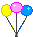 Animation 3 kleine angebundene Luftballons gelb pink blau mit Schnur gehen auf und ab