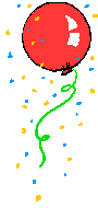 Animation roter Luftballon mit grünem Schwanz bewegt sich im Konfettiregen