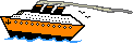 Animiertes fahrendes Passagierschiff mit orangem Rumpf und weißen Aufbauten von links