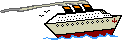 Animiertes fahrendes Passagierschiff mit hellem Rumpf und weißen Aufbauten von rechts