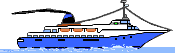 Animation fahrendes Passagierschiff mit hellblauem Rumpf von rechts