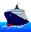 Animiertes kleines fahrendes Passagierschiff von vorne dunkelblauer Rumpf