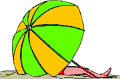 Animation Sonnenschirm grün gelb am Strand mit Mensch darunter