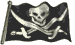 Animation wehende schwarze Piratenflagge mit Totenkopf über 2 gekreuzten Säbeln