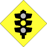 schwarze Verkehrsampel die gelb zeigt auf gelbem eckigen Schild