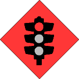 schwarze Verkehrsampel die rot zeigt auf rotem eckigen Schild