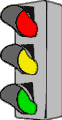 Verkehrsampel von rechts die alle 3 Farben zeigt