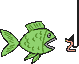 Fisch grün vor Angelhaken mit Wurm