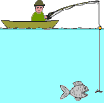 Angler im Boot mit ausgeworfener Rute und Fisch unter dem Boot