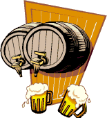 2 Bierfäßer nebeneinander, darunter 2 volle Bierkrüge