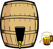 Fass Bier, daneben ein mit Bier gefüllter Glashumpen