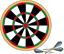 Dartscheibe rot grün weißes Spielfeld davor 3 Dartpfeile