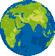 Erdkugel grüngelbe Landmasse blaue Wasserfläche mit Europe, Asien und Afrika