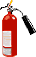 roter stehender Feuerlöscher Pulverlöscher mit Griff und Schlauch und Aufklebern