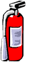 roter stehender Feuerlöscher Pulverlöscher mit Griff und Schlauch und Aufklebern