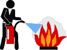 Mann löscht Feuer mit rotem Feuerlöscher