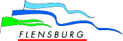 Schriftzug Flensburg und 3 Wimpel grün blau türkis