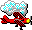 roter Doppeldecker fliegt unter einer Wolke