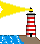 Leuchtturm rot weiß quer gestreift auf Land am Meer Licht links