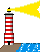 Leuchtturm rot weiß quer gestreift auf Land am Meer Licht rechts