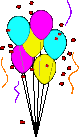 6 zusammengebundene verschiedenfarbige Luftballons im Konfettiregen