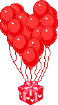 viele rote Luftballons zusammengebunden darunter ein Geschenk